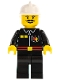 Minifig No: firec017  Name: Fire - Flame Badge and 2 Buttons, Black Legs, White Fire Helmet