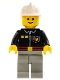 Minifig No: firec021  Name: Fire - Flame Badge and 2 Buttons, Light Bluish Gray Legs, White Fire Helmet