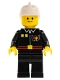 Minifig No: firec022  Name: Fire - Flame Badge and 2 Buttons, Black Legs, White Fire Helmet, Black Legs, Smile