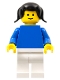 Minifig No: fmf002  Name: Plain Blue Torso with Blue Arms, White Legs, Black Pigtails Hair