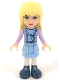 Minifig No: frnd0053  Name: Friends Stephanie - Bright Light Blue Layered Skirt, Medium Lavender Jacket, Scarf