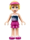 Minifig No: frnd0083  Name: Friends Stephanie - Magenta Layered Skirt, Dark Blue Top, Hair with Visor