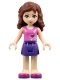 Minifig No: frnd0115  Name: Friends Olivia (Light Nougat) - Dark Purple Skirt, Dark Pink Top with Hearts and White Undershirt