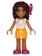Minifig No: frnd0132  Name: Friends Andrea - Bright Light Orange Layered Skirt, White Top with Necklace with Music Notes, Bow