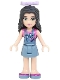 Minifig No: frnd0135  Name: Friends Emma - Sand Blue Overalls Skirt, Dark Pink Top, Sand Blue Shoes, Lavender Bow