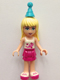 Minifig No: frnd0136  Name: Friends Stephanie - Magenta Layered Skirt, White Top with Stars, Medium Azure Party Hat