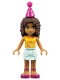Minifig No: frnd0165  Name: Friends Andrea - Light Aqua Layered Skirt, Bright Light Orange Top with Music Notes, Magenta Party Hat