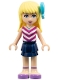 Minifig No: frnd0184  Name: Friends Stephanie - Dark Blue Layered Skirt, Magenta and White V-Striped Top, Medium Azure Bow
