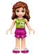 Minifig No: frnd0215  Name: Friends Olivia (Light Nougat) - Magenta Layered Skirt, Lime Top with Heart Electron Orbitals Pattern