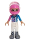 Minifig No: frnd0268  Name: Friends Olivia (Nougat) - White Trousers, Dark Pink and Dark Azure Racing Jacket, Dark Pink Racing Helmet with Reddish Brown Ponytail