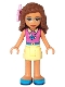 Minifig No: frnd0281  Name: Friends Olivia (Nougat) - Bright Light Yellow Skirt, Dark Pink Top, Flower