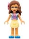 Minifig No: frnd0298  Name: Friends Olivia (Nougat) - Bright Light Yellow Skirt, Dark Pink Top, Blue Jacket, Flower