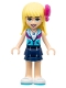 Minifig No: frnd0300  Name: Friends Stephanie - Dark Blue Layered Skirt, Medium Azure and Dark Purple Jacket, Bow