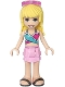 Minifig No: frnd0330  Name: Friends Stephanie - Bright Pink Layered Skirt, Magenta and Medium Blue Swimsuit Top, Sunglasses