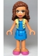 Minifig No: frnd0351  Name: Friends Olivia (Nougat) - Dark Azure Skirt and Top with Bright Light Yellow Vest, Dark Pink Shoes