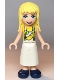 Minifig No: frnd0355  Name: Friends Stephanie - Yellow Shirt, White Apron with Yellow Banana, Dark Blue Shoes