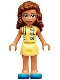 Minifig No: frnd0359  Name: Friends Olivia (Nougat) - Bright Light Yellow Dress with Heart Buttons, Blue Shoes