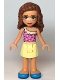Minifig No: frnd0364  Name: Friends Olivia (Nougat) - Bright Light Yellow Skirt, Dark Pink Top, Dark Azure Shoes