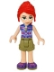 Minifig No: frnd0377  Name: Friends Mia - Olive Green Shorts, Dark Azure and Dark Purple Patterned Sleeveless Jacket with Zipper