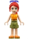 Minifig No: frnd0388  Name: Friends Mia - Olive Green Shorts, Orange and Bright Light Orange Top with Lightning Bolts, Orange Shoes, Sunglasses
