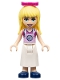 Minifig No: frnd0389  Name: Friends Stephanie - Magenta Top, White Apron with Swirl, Dark Blue Shoes, Bow