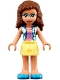 Minifig No: frnd0391  Name: Friends Olivia (Nougat) - Bright Light Yellow Skirt, Dark Pink Top with Blue Jacket