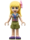 Minifig No: frnd0395  Name: Friends Stephanie - Olive Green Shorts and Top, Dark Purple Shoes, Flower