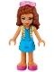 Minifig No: frnd0404  Name: Friends Olivia (Nougat) - Dark Azure Skirt and Top with Bright Light Yellow Vest, Dark Pink Shoes, Sunglasses