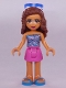 Minifig No: frnd0408  Name: Friends Olivia (Nougat) - Dark Pink Skirt, Metallic Pink Top with Wavy Dark Azure Lines, Sunglasses