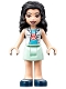 Minifig No: frnd0438  Name: Friends Emma - White Top with Paw Print Undershirt, Light Aqua Skirt, Dark Blue Shoes with Straps, Dark Purple Bow