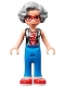 Minifig No: frnd0489  Name: Friends Dottie - Blue Trousers with Red Shoes, Black Vest over Red Shirt with Cherries