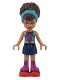 Minifig No: frnd0530  Name: Friends Andrea - Dark Turquoise Halter Top, Dark Blue Skirt with Magenta Boots, Dark Turquoise Head Wrap, Red Roller Skates