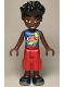 Minifig No: frnd0725  Name: Friends Zac - Blue Shirt with Red Symbols and Yellow Splotches, Red Cropped Trousers, Dark Blue Shoes