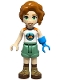 Minifig No: frnd0737  Name: Friends Autumn - White and Orange Sleeveless Top with Tent, Sand Green Shorts, Nougat and Reddish Brown Boots, Prosthetic Hand