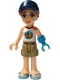 Minifig No: frnd0753  Name: Friends Autumn - White and Orange Sleeveless Top with Tent, Dark Tan Shorts, Metallic Light Blue Sandals, Prosthetic Hand