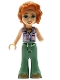 Minifig No: frnd0791  Name: Friends Autumn - Lavender Sleeveless Jacket with Flowers, Sand Green Trousers Bell-Bottoms, Medium Nougat Shoes, Dark Orange Hair Wavy