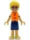 Minifig No: frnd0807  Name: Friends Olly - White Shirt with Coral Scarf, Dark Blue Shorts, Lime Shoes, Orange Life Jacket