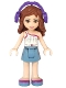 Minifig No: frnd109  Name: Friends Olivia, Sand Blue Skirt, White One Shoulder Top with Magenta Trim,  Headphones