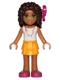 Minifig No: frnd132  Name: Friends Andrea - Bright Light Orange Layered Skirt, White Top with Necklace with Music Notes, Bow