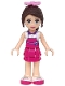 Minifig No: frnd142  Name: Friends Naomi (Light Nougat) - White Top with Magenta Apron, Magenta Skirt, Bright Pink Flower