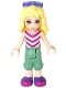 Minifig No: frnd168  Name: Friends Naya, Sand Green Cropped Trousers, Magenta and White V-Striped Top, Sunglasses