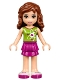 Minifig No: frnd215  Name: Friends Olivia, Magenta Layered Skirt, Lime Top with Heart Electron Orbitals Pattern