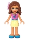 Minifig No: frnd281  Name: Friends Olivia, Bright Light Yellow Skirt, Dark Pink Top, Flower