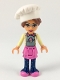 Minifig No: frnd295  Name: Friends Olivia (Nougat) - Dark Pink Skirt and Dark Blue Leggings, Sand Green Sweater with Bright Yellow Jacket, White Chef Toque with Hair