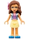 Minifig No: frnd298  Name: Friends Olivia (Nougat) - Bright Light Yellow Skirt, Dark Pink Top, Blue Jacket, Flower