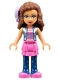 Minifig No: frnd332  Name: Friends Olivia, Dark Pink Skirt and Dark Blue Leggings, Dark Pink Top, Blue Jacket, Bow