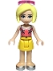 Minifig No: frnd347  Name: Friends Roxy, Coral Halter Top with Bright Light Green Leaves, Yellow Skirt, Silver Shoes, Sunglasses