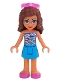 Minifig No: frnd380  Name: Friends Olivia, Dark Azure Skirt, Dark Azure and Bright Pink Top, Dark Pink Shoes, Sunglasses