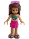 Minifig No: frnd386  Name: Friends Andrea - Magenta Layered Skirt, Dark Turquoise and Gold Top, Sunglasses