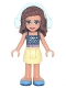Minifig No: frnd481  Name: Friends Olivia (Nougat) - Bright Light Yellow Skirt, Dark Blue Top with Constellations, Light Aqua Headphones
